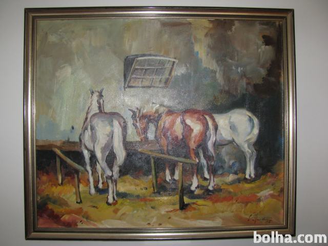 Leon Strnad - Konji v hlevu (olje na platnu)