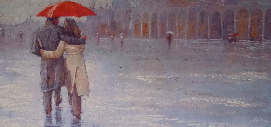 Slika Par v dežju z dežnikom