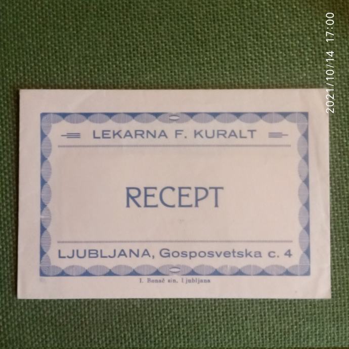 Pharmacy recipe letter, Lekarna F. Kuralt pismo