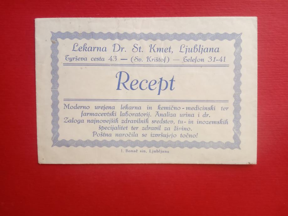 Pharmacy recipe letter,pismo,Lekarna Dr.St.Kmet,Ljubljana