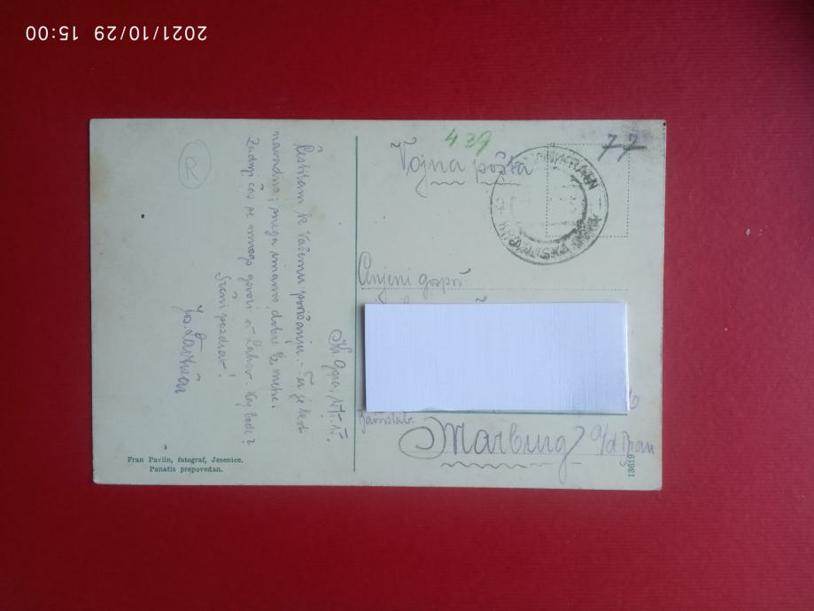 1.vojna.Vojna pošta,žig Kranjska gora,Fran Pavlin,Prisojnikovo okno
