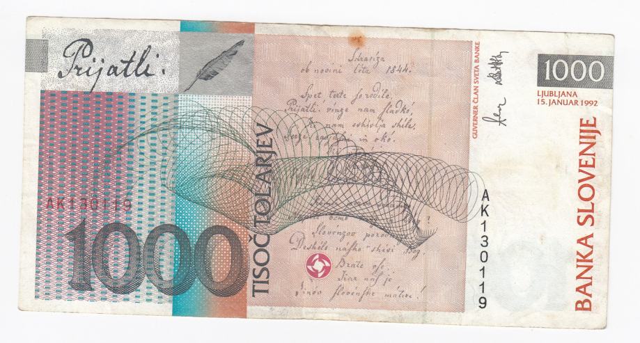 Slovenija 1000 tolarjev 1992 F