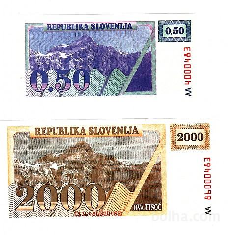 SLOVENIJA, BON za 0,50 in 2000 enot, UNC (replike)