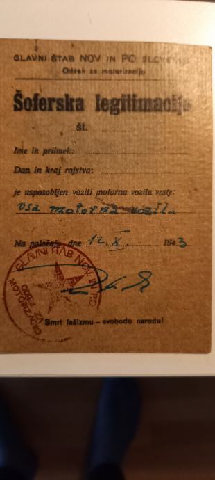 Šoferska legitimacija, NOV Kočevje1943