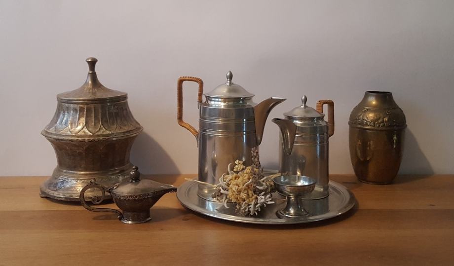 6-delni set za čaj in kavo iz kositra z oznako iz konca 19. Stoletja