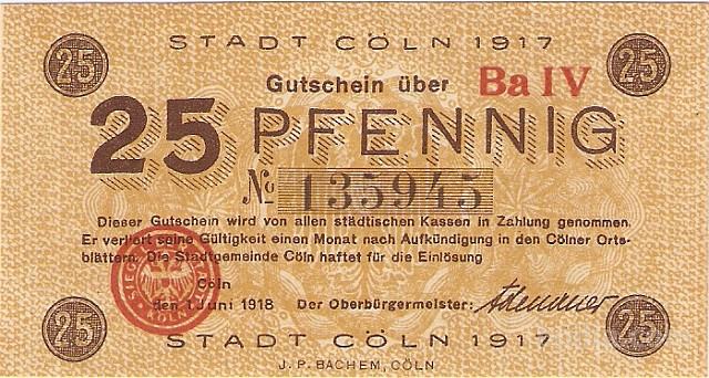 BANK.25 PFENNIG (KELN NEMŠKI REICH NEMČIJA )1917.UNC
