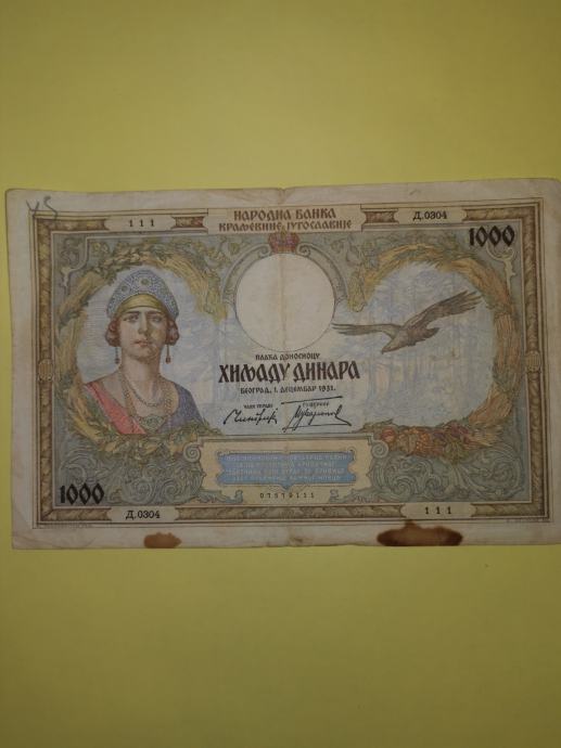 BANKOVEC  1000 DINARJEV, NARODNA BANKA KRALJEVINE JUGOSLAVIJE, 1931