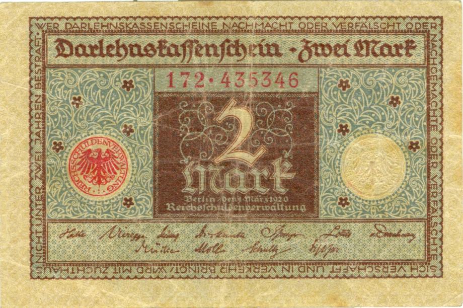 Bankovec za 2 Reichsmarkt 1920