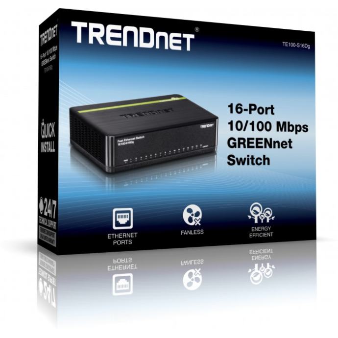 16-port Trendnet TE100-S16Dg 16-Port 10/100 Mbps GREENnet Switch, NOV