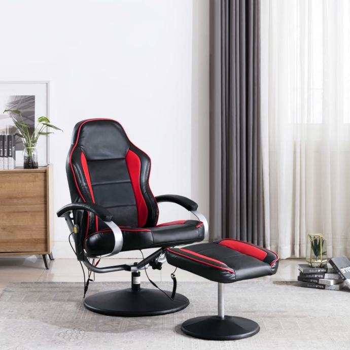 Masažni fotelj s stolčkom za noge črn in rdeč iz umetnega usnja