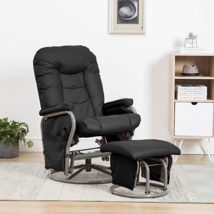 Stol z naslonjalom in stolčkom za noge črno umetno usnje