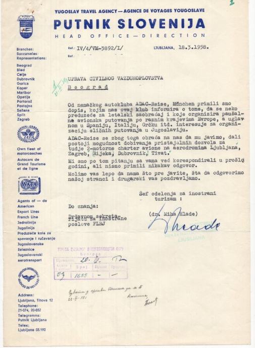 Putnik Slovenija 1958 pismo  glavo