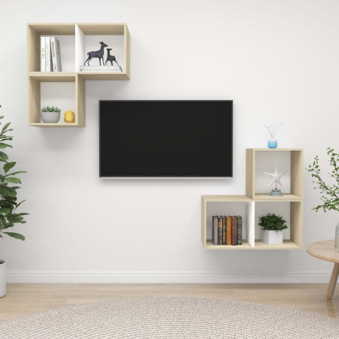 vidaXL Komplet TV omaric 4-delni bel in sonoma hrast iverna plošča
