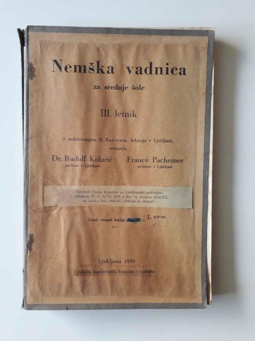 NEMŠKA VADNICA ZA SREDNJE ŠOLE, III. LETNIK, 1939