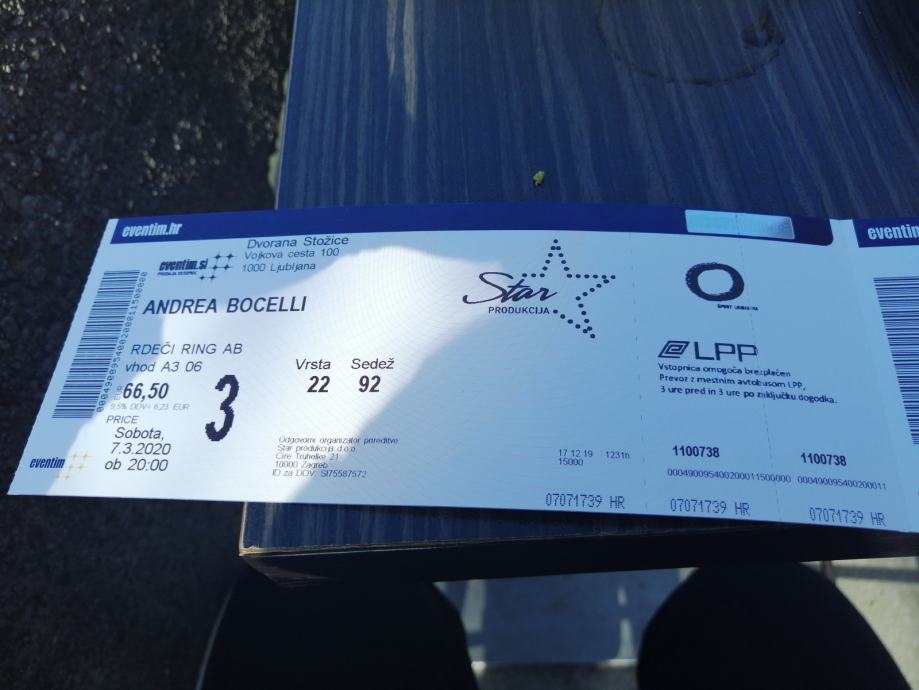 Andrea Bocelli - 2 karte (2 vstopnice) HITNO!!!! U LJUBLJANI SAM