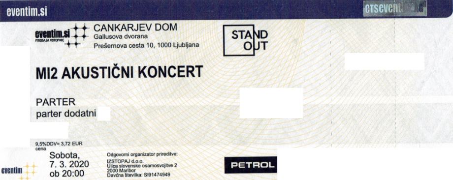 Prodam 2 VIP karti za akustični koncert MI2 07.03.2020