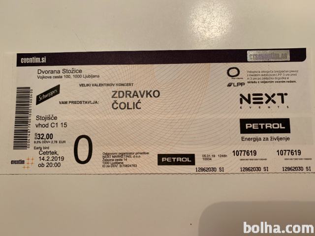 Prodam vstopnico za koncert Zdravka Čolića 14.2.2019 Stožice