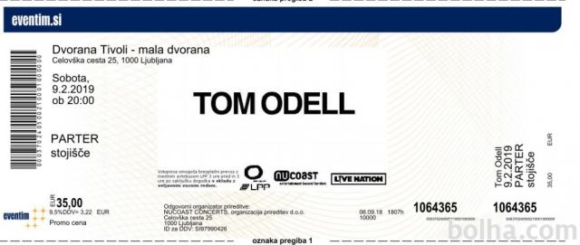 Vstopnice za koncert Tom Odella - 9.2.2019 Dvorana Tivoli