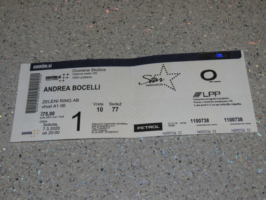 Prodam vstopnico za koncert Andrea Bocelli  - 60 eurov