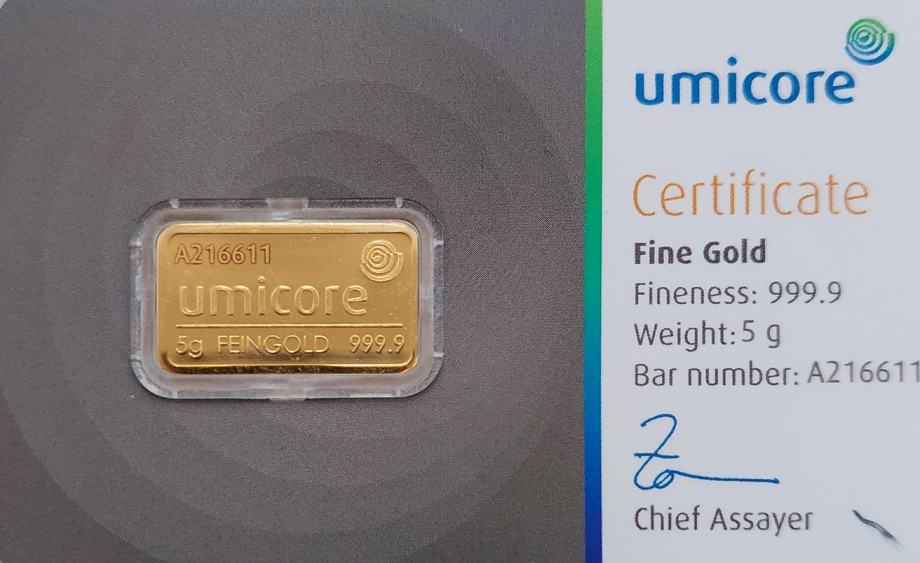 (9400) Naložbeno zlato UMICORE 24K 999.9/1000; Masa=5g