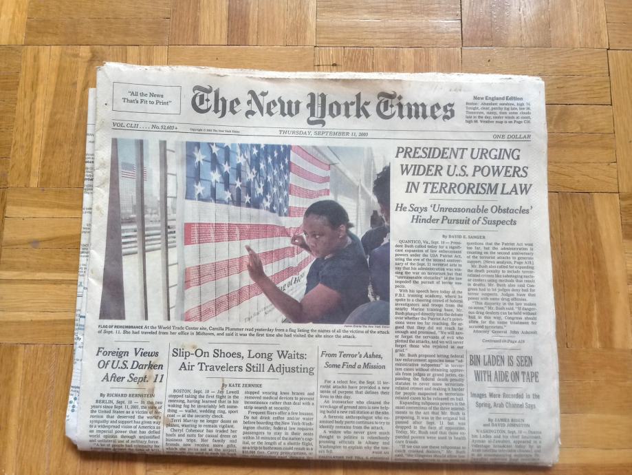 ČASOPIS THE NEW YORK TIMES IN THE BOSTON GLOBE (11. 9. 2003)