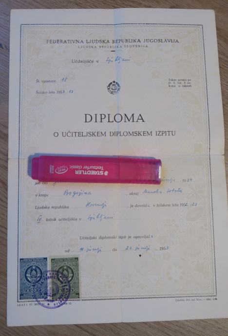 Diploma o učiteljskem diplomskem izpitu, 1952/1953, učiteljišče, šola
