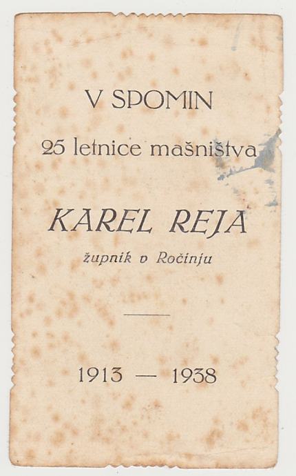Ročinj Kanal podobica župnik Karel Reja 1938 25 let mašništva