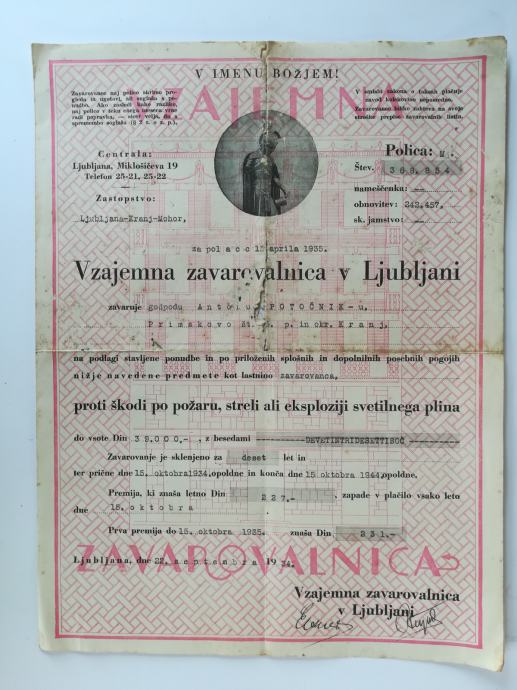 ZAVAROVALNIŠKE POLICE - STARO 1930