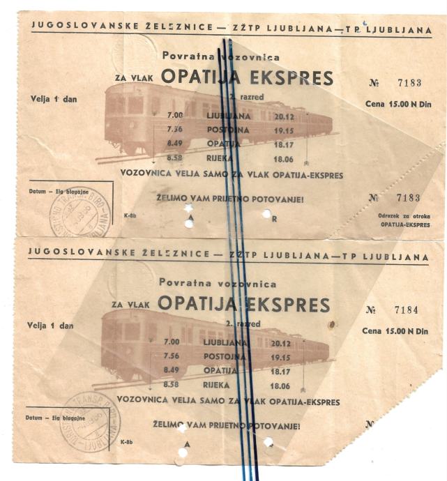 ŽELEZNICA - LJUBLJANA-OPATIJA EKPRES - VOZNI KARTI, 1966