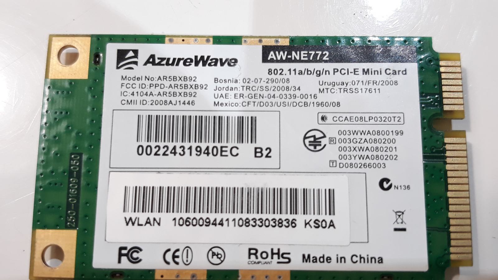 Wifi Azure Wave AWNE772, model AR5BXB92