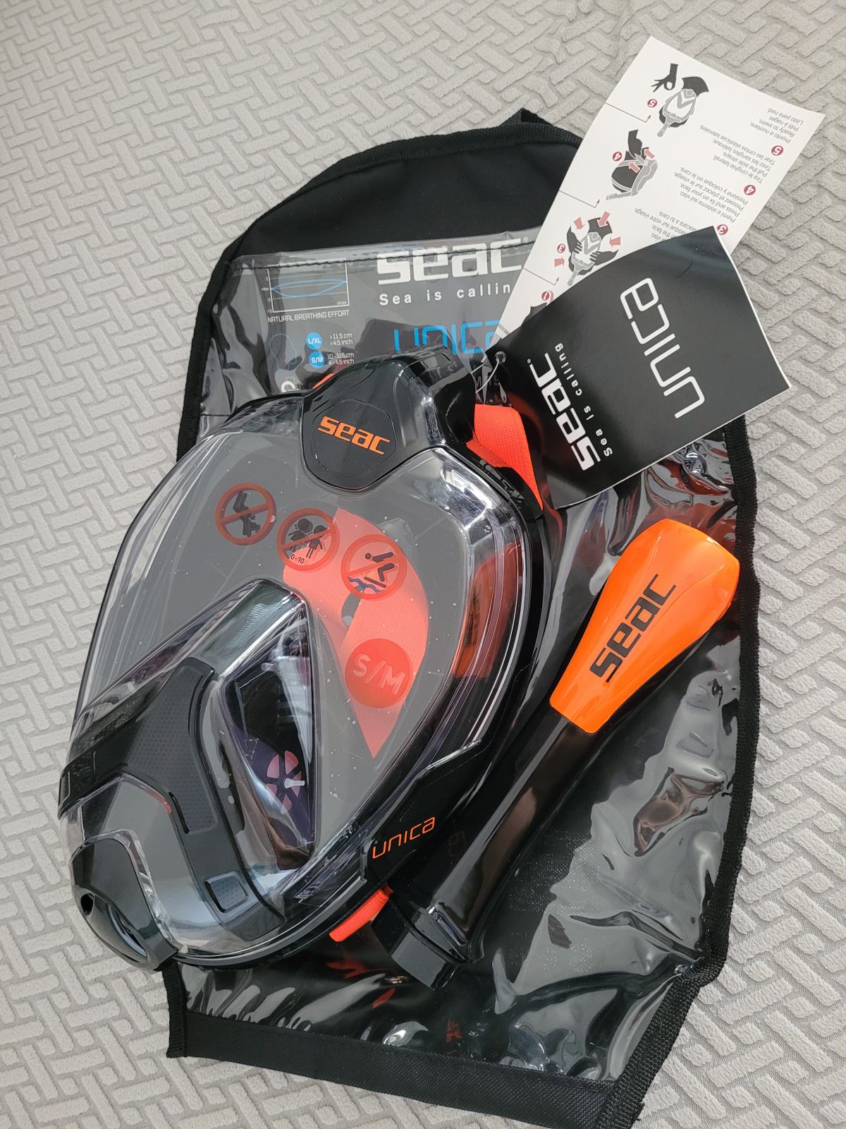 Masque Intégral SEAC UNICA AD – Snorkeling, Vision 180°, Anti-buée, Taille L/XL, Noir Orange, Support GoPro