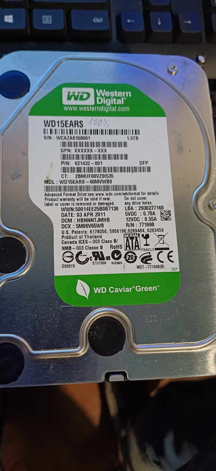 WD Caviar Green Interne Festplatte – 1,5 TB, 5400 U/min, 64 MB Cache, SATA, Besonders Leise & Sparsam